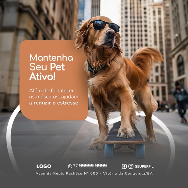 A high-contrast 1:1 image featuring a dog wearing sunglasses on a skateboard, using a warm color palette to associate pet activity with reduced stress.